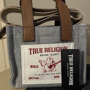 True Religion Mini Logo Tote Bag - Light Denim w/ Guitar Strap NWT